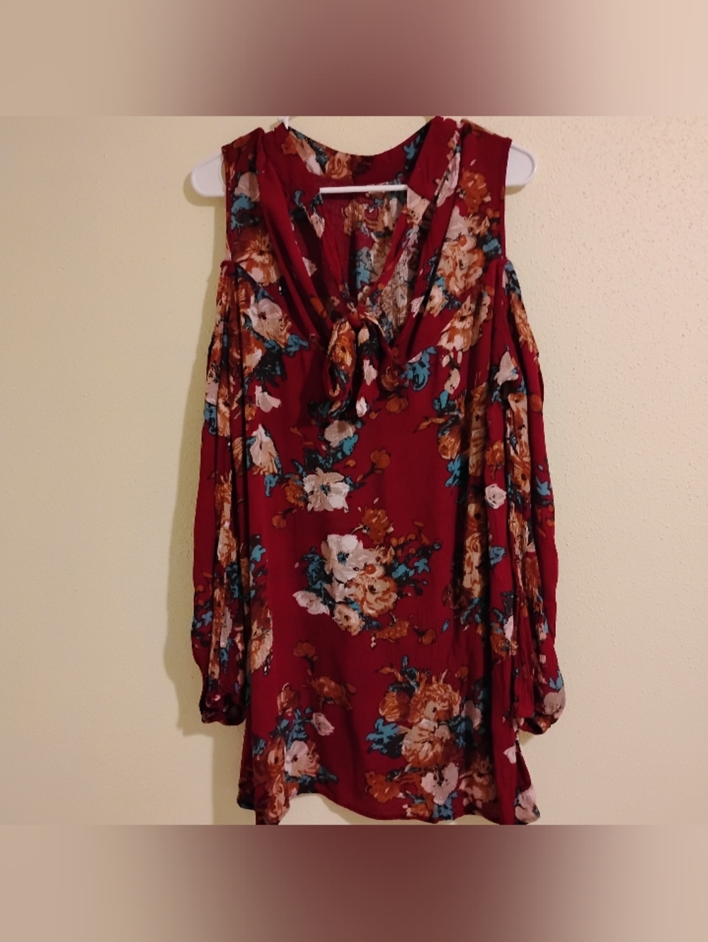 Floral Cold-Shoulder Tunic Top - Burgundy Floral
